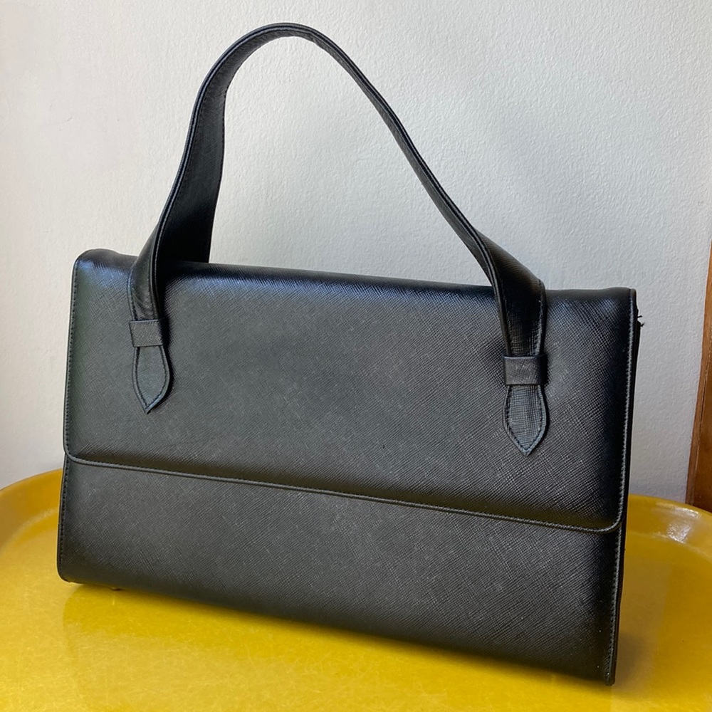 Vintage black textured faux leather structured handbag EVC circa 1960s mod